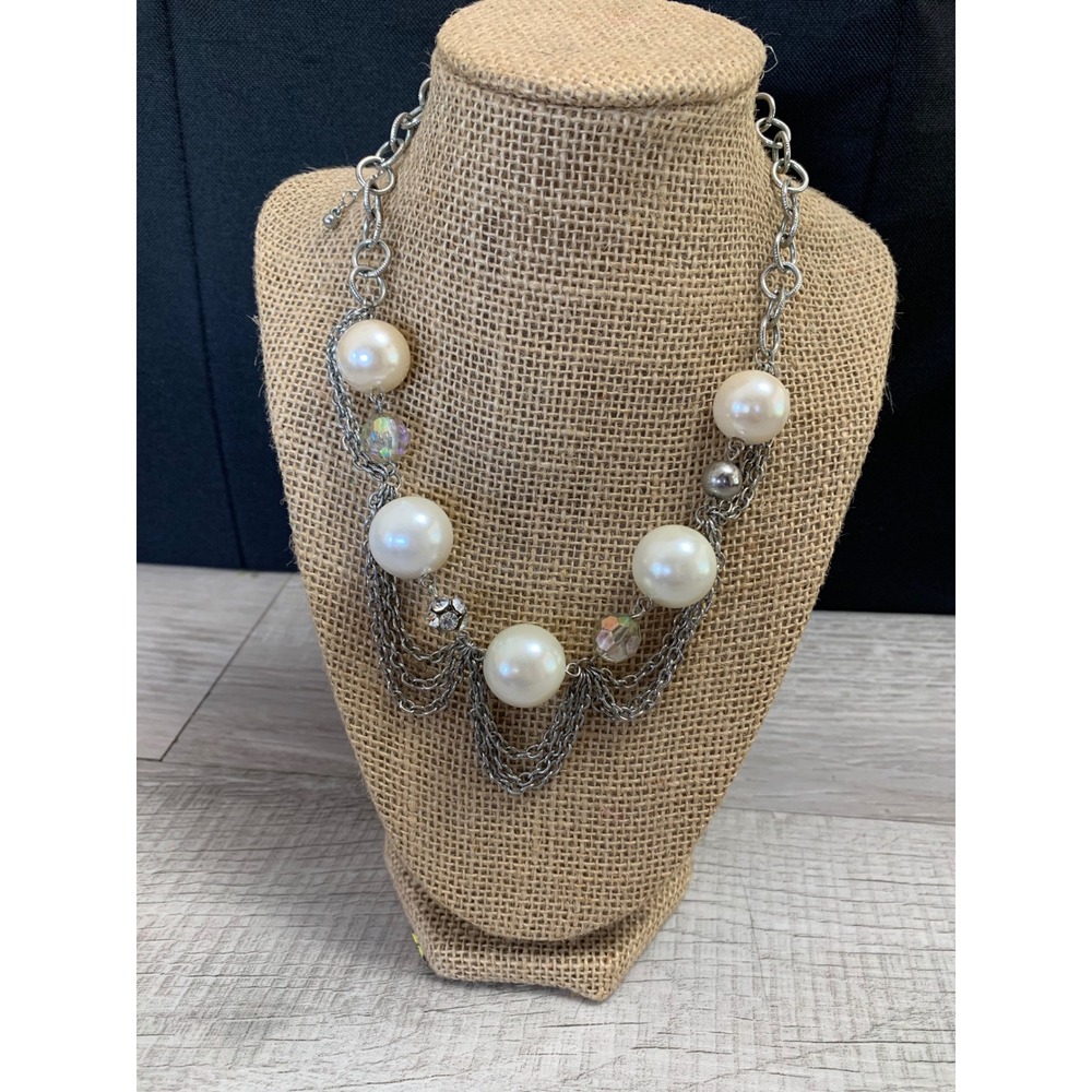 Womens Silver Tone Multi Strand Draped Chain Faux Pearl Statement Necklace 16in